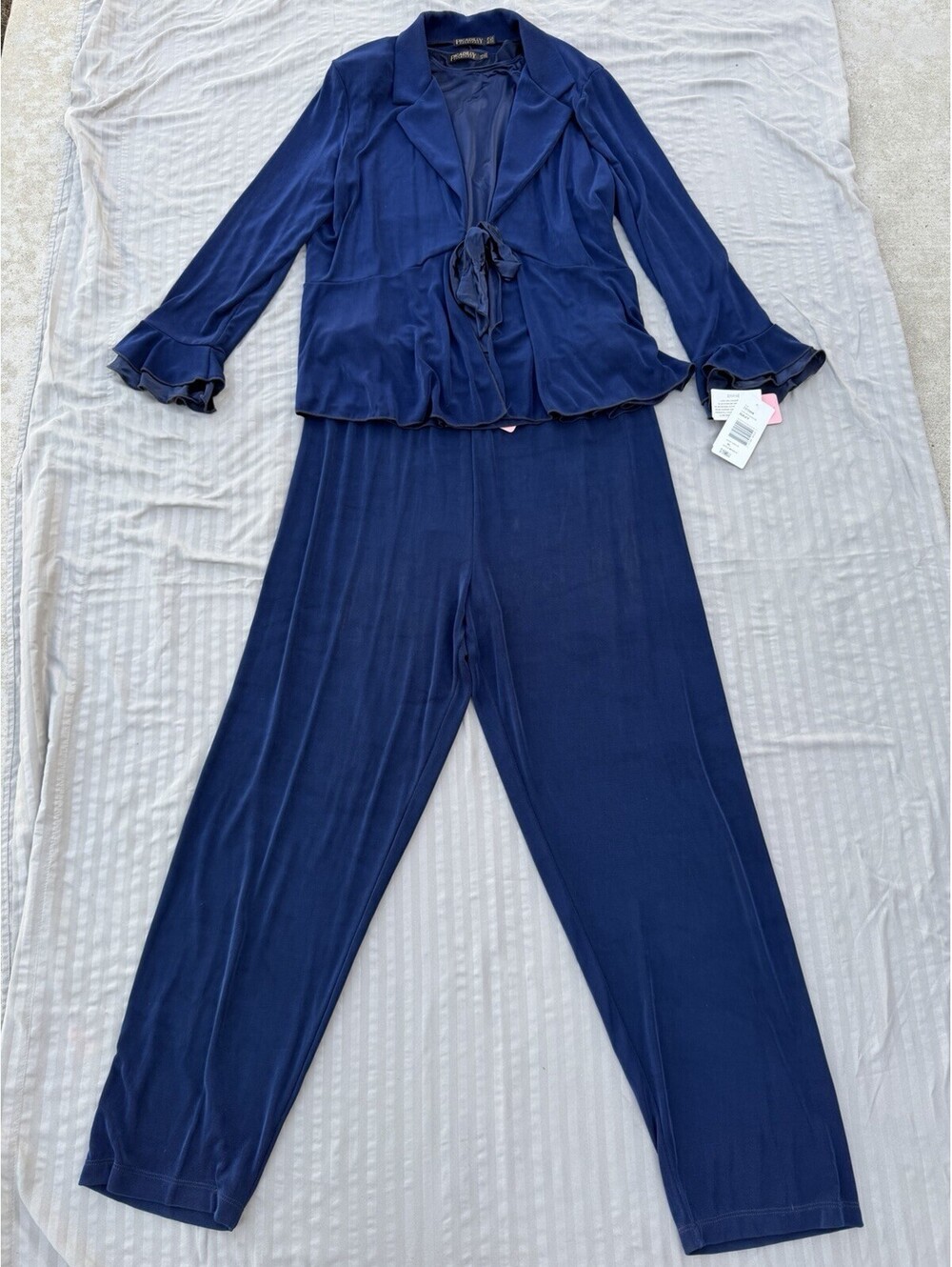 Picadilly Fashions Navy Blue 2 Piece Pant Set Slinky Knit Ruffle Sleeve